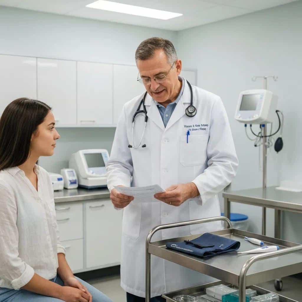 Civil surgeon performing a medical examination and reviewing vaccination records with a patient