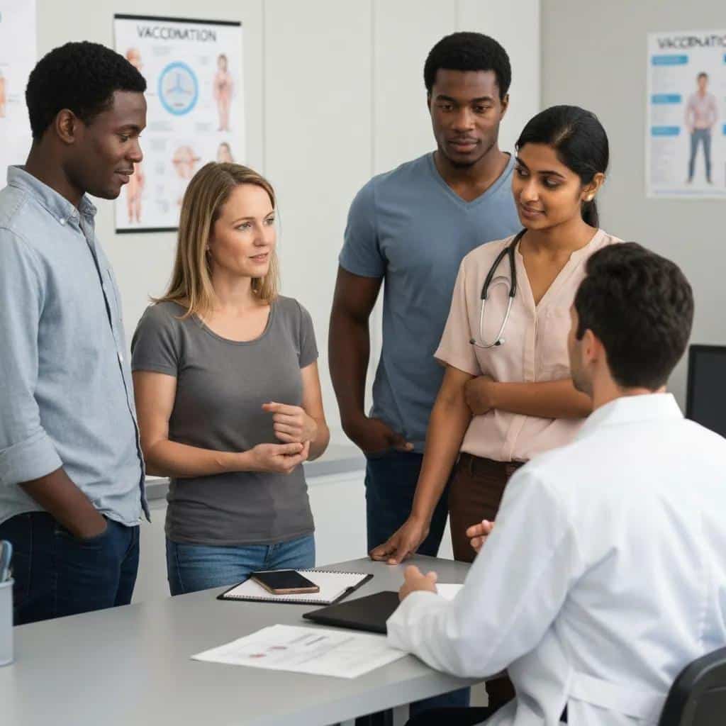 Group of diverse individuals consulting with a civil surgeon about green card vaccination requirements