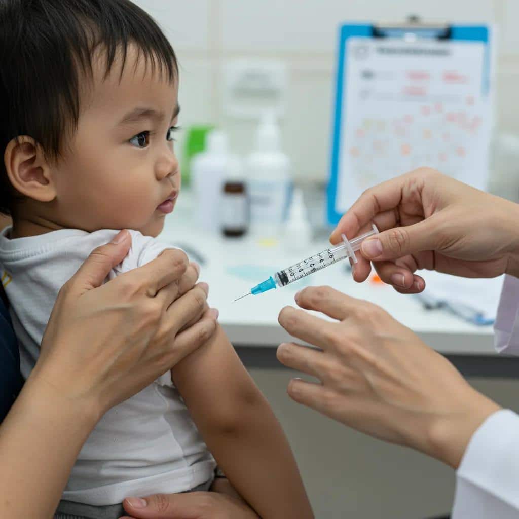 Healthcare professional administering a vaccine to a young child in a clinic setting