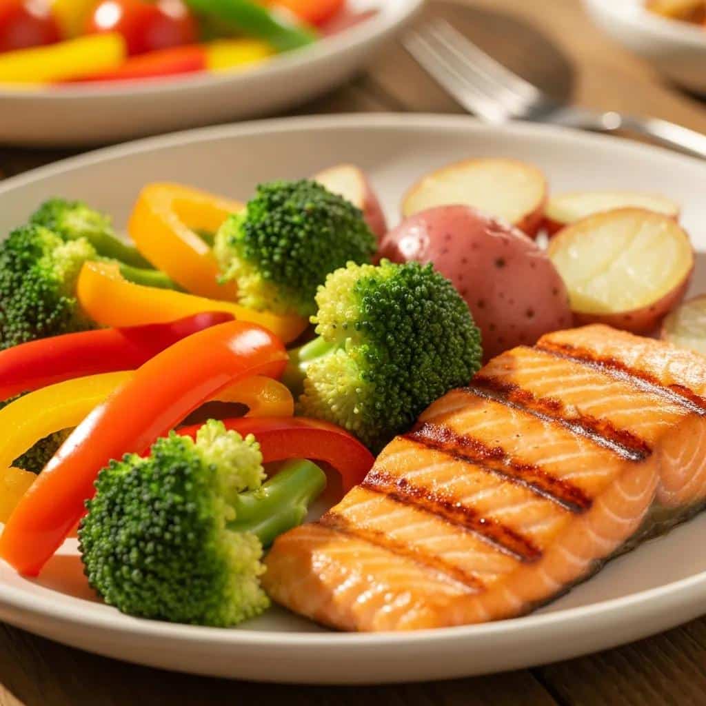 Healthy meal plate with high-protein foods and vegetables, supporting weight loss efforts