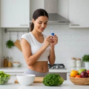 Person administering a weight loss injection in a bright kitchen, emphasizing health and wellness