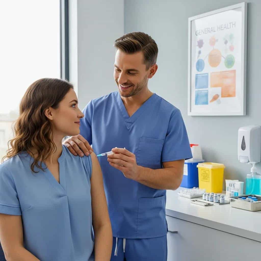 Adult receiving vaccine from nurse in a modern healthcare facility