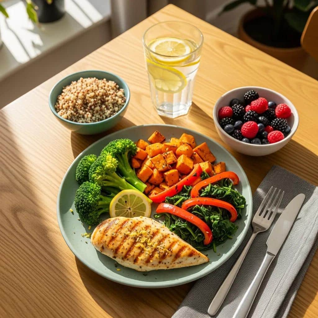 Balanced plate with grilled chicken, colorful vegetables, and whole grains &mdash; practical food choices that support medical weight‑loss plans