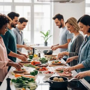 Diverse group cooking healthy meals in a modern kitchen, emphasizing community support in weight loss