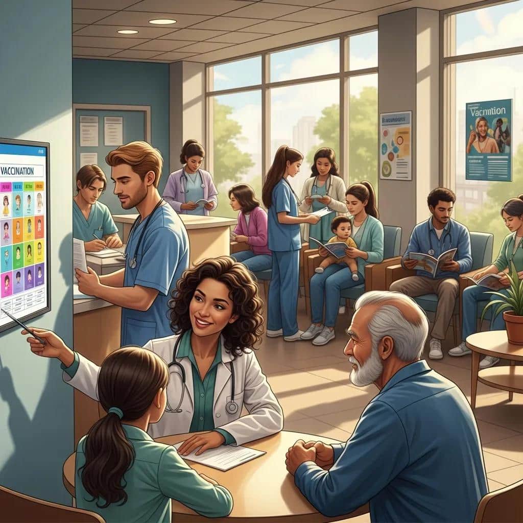 Diverse group of individuals receiving guidance at a medical clinic for USCIS vaccination requirements