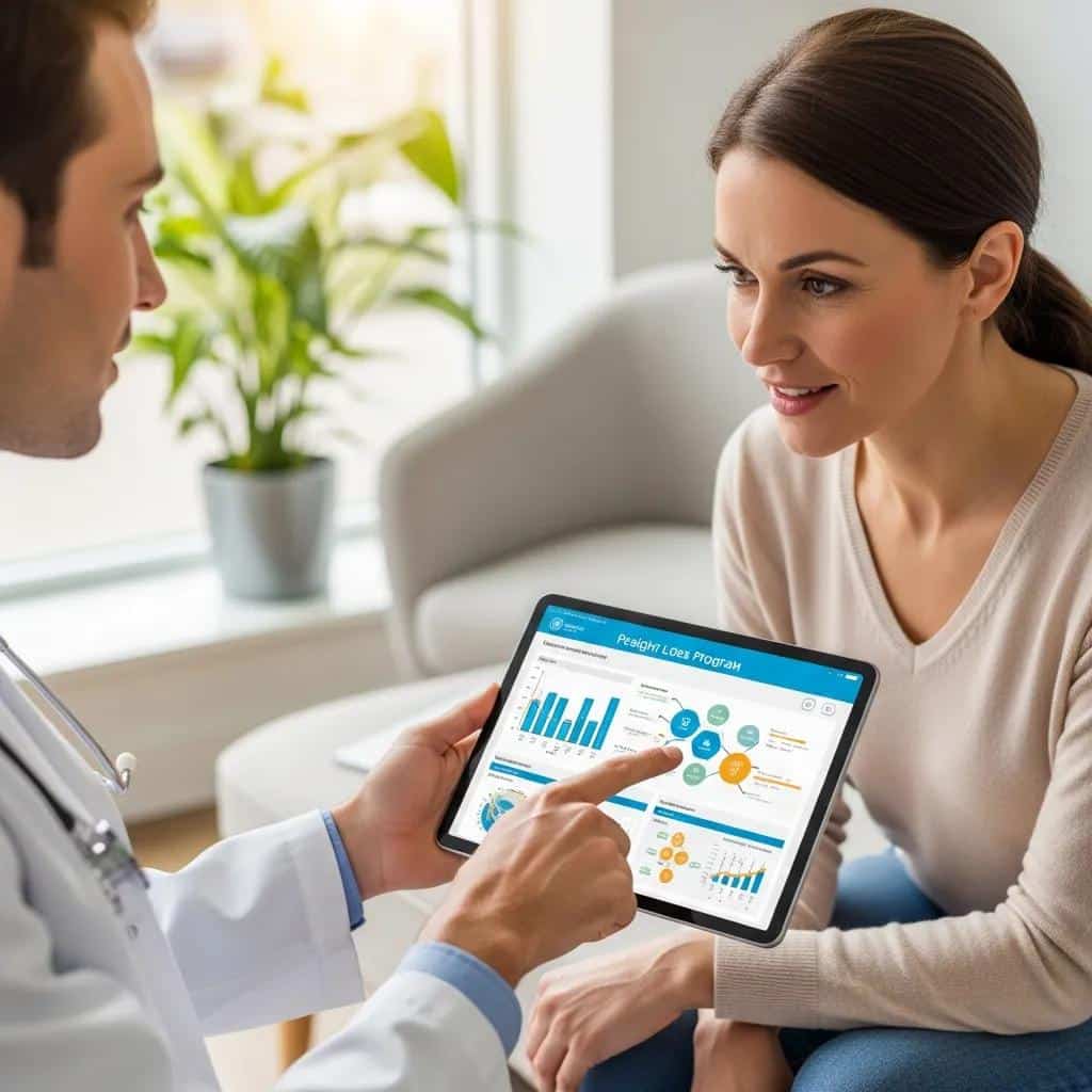 Doctor and patient reviewing a personalized weight‑loss plan on a tablet in a modern clinic