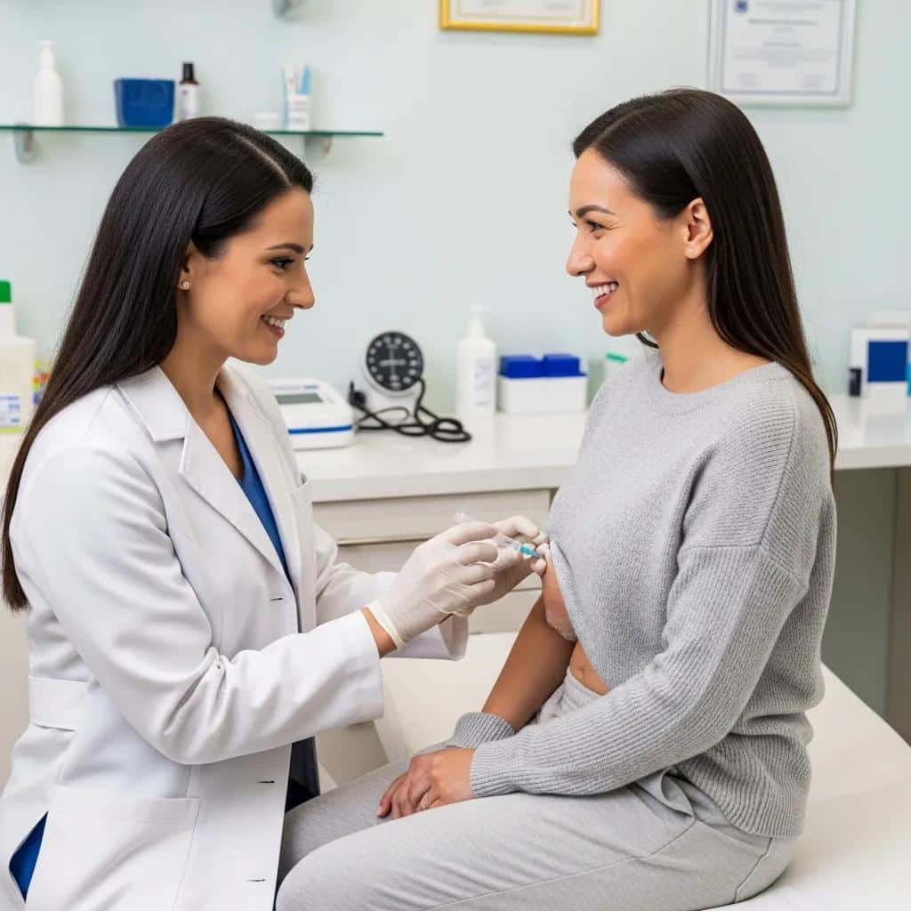 Healthcare professional administering peptide injection in a modern clinic, emphasizing medical weight loss