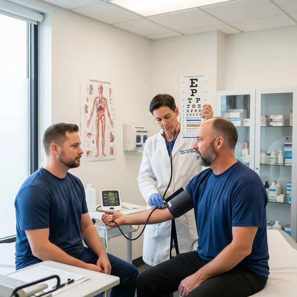 Healthcare professional conducting a DOT physical exam on a commercial driver, showcasing the examination process