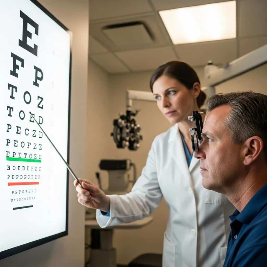 Healthcare professional conducting vision test for commercial driver during DOT physical exam