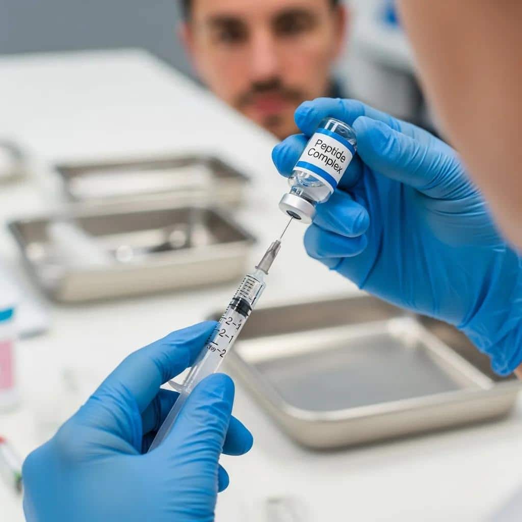Clinician preparing a peptide injection in a clean clinical setting &mdash; careful, professional administration under medical supervision