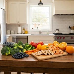 Healthy meal preparation with fresh vegetables and lean proteins for post-holiday detox