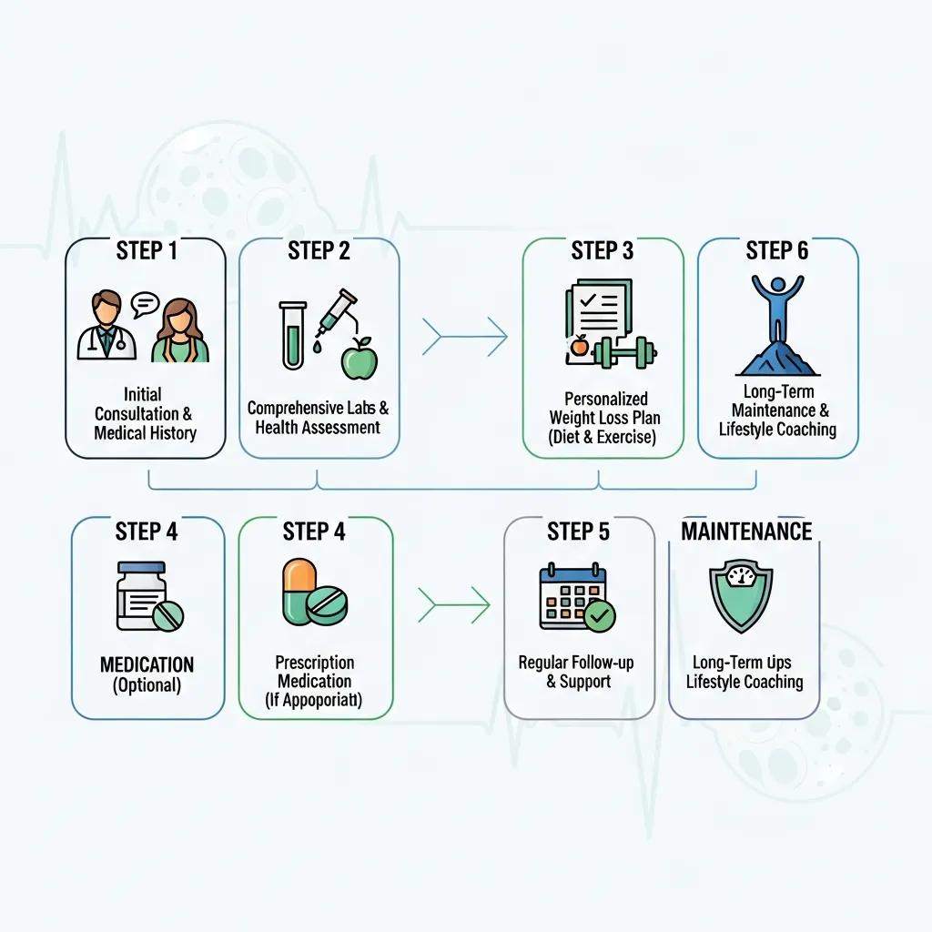 Illustration showing the stepwise process of a doctor‑supervised weight‑loss program: consultation, lab testing, and follow‑up