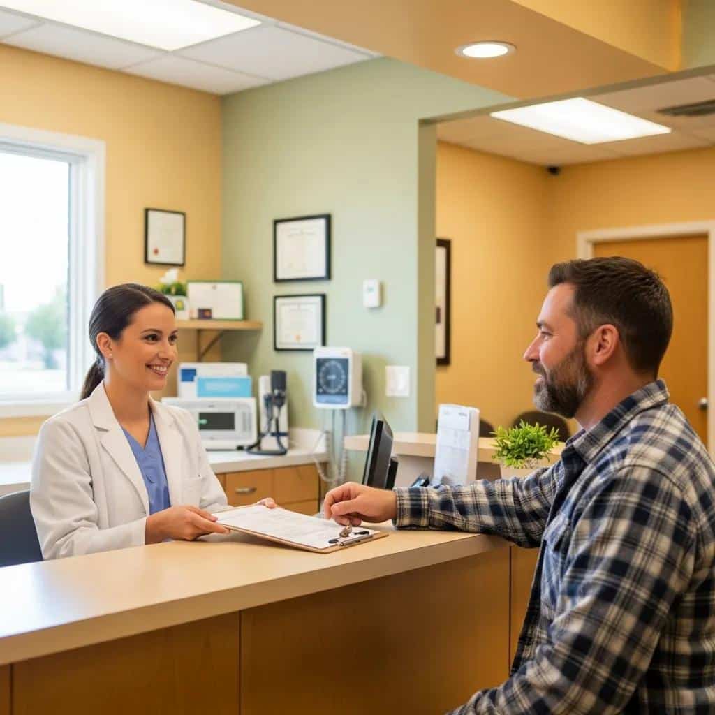 Medical clinic scene with healthcare provider and commercial driver, emphasizing professionalism and trust