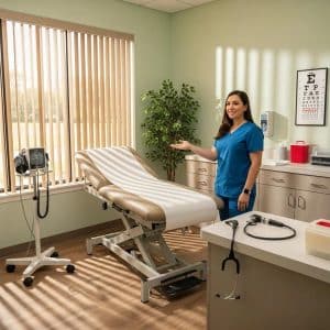 Medical examination room prepared for DOT physical exam with healthcare professional