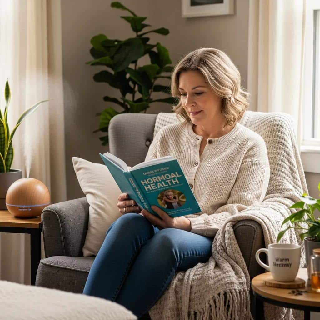 Middle-aged woman enjoying a wellness book in a cozy home setting, emphasizing bioidentical hormone therapy