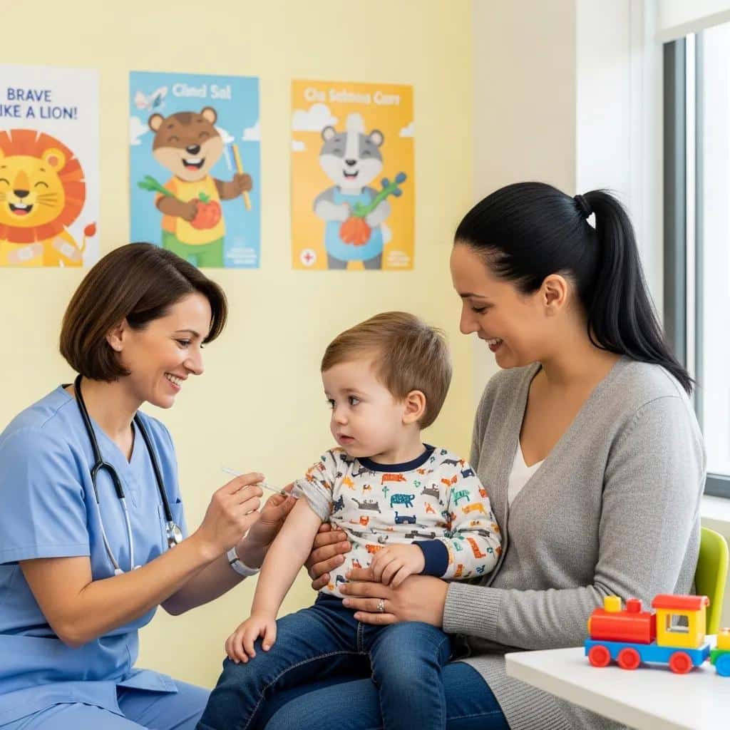 Pediatrician administering a vaccine to a child at a friendly clinic