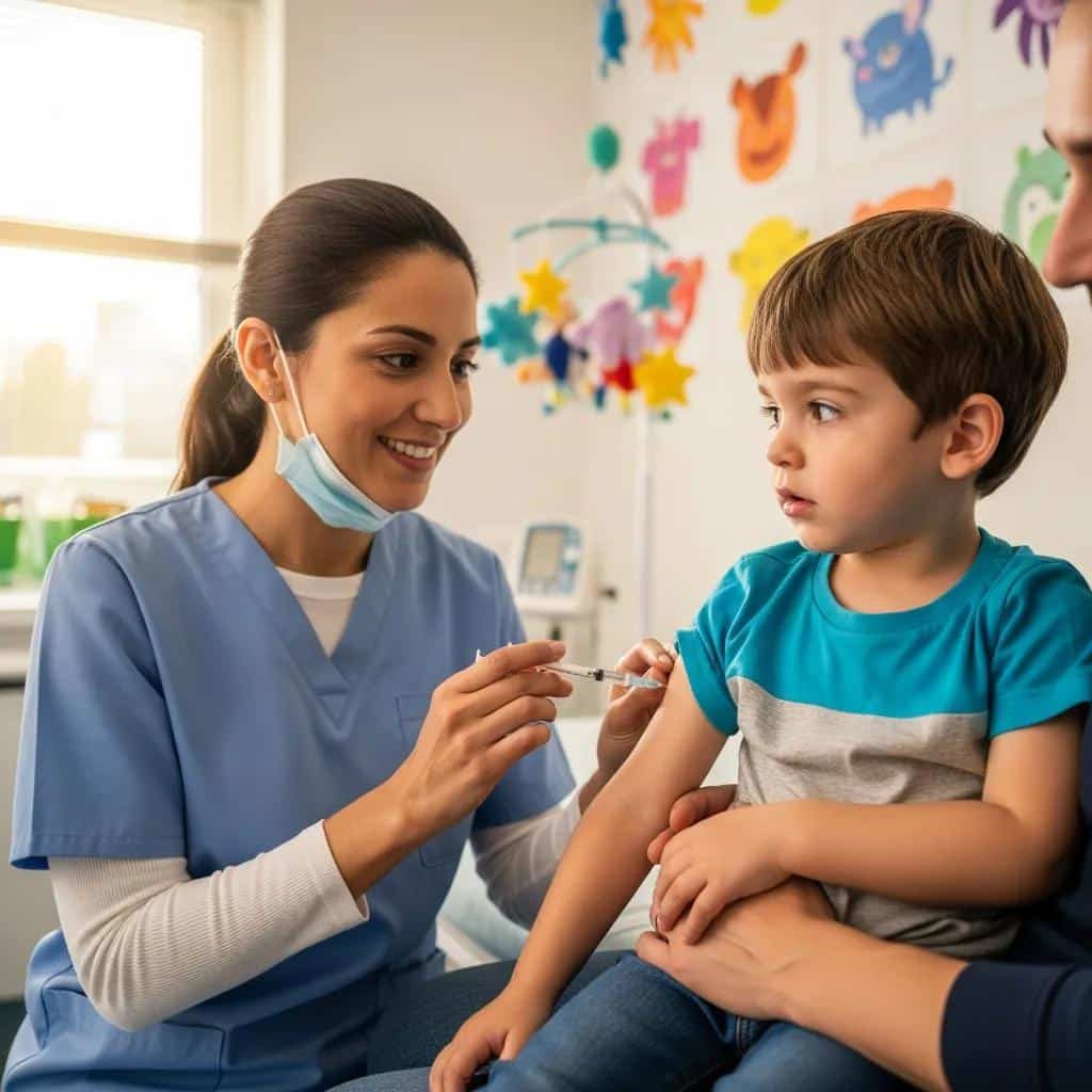 Pediatrician administering vaccine to a child in a cheerful clinic