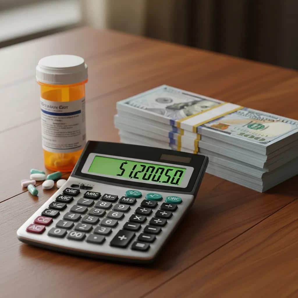 Calculator, prescription bottle, and money representing treatment costs