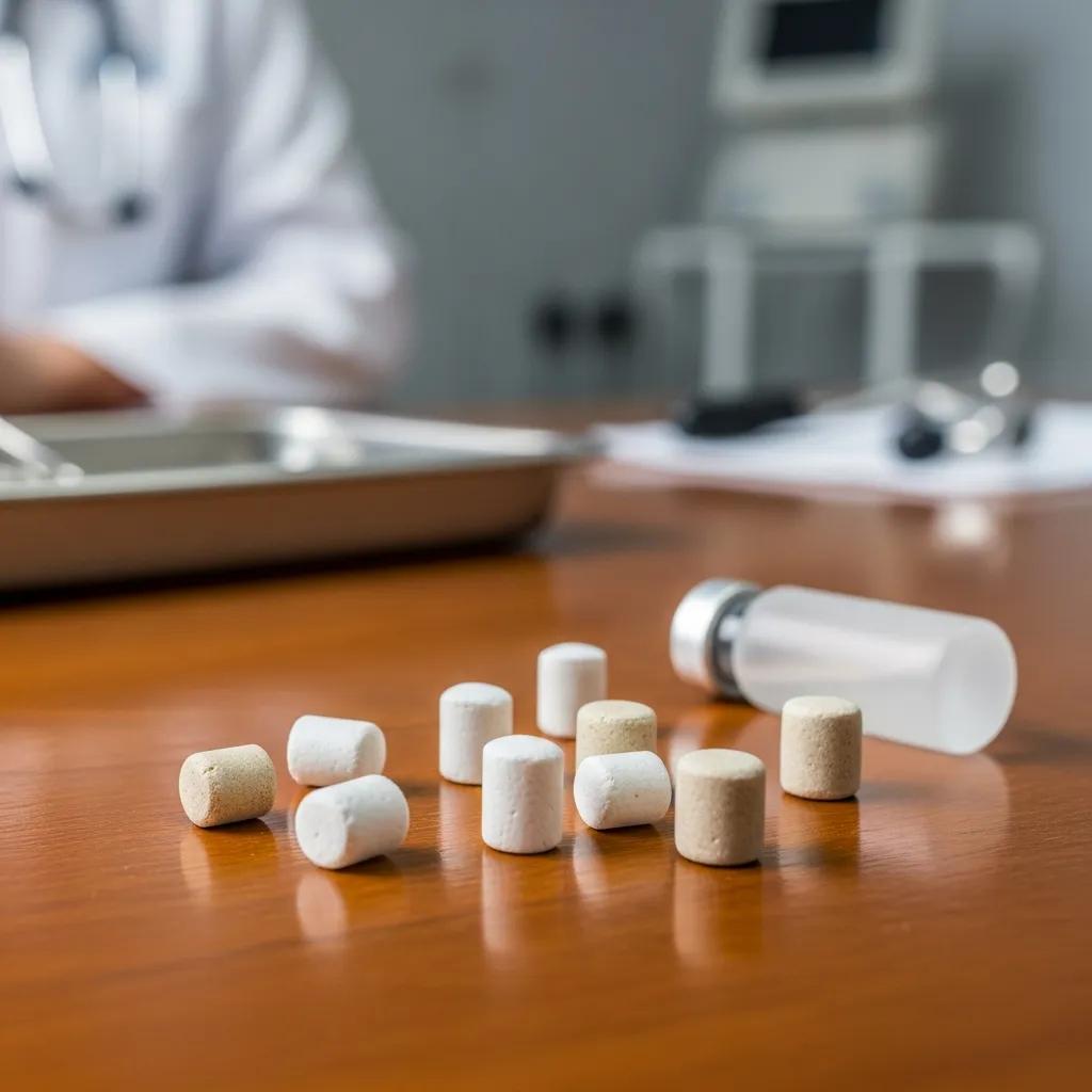 Close-up of bioidentical hormone pellets prepared in a clinical setting for insertion