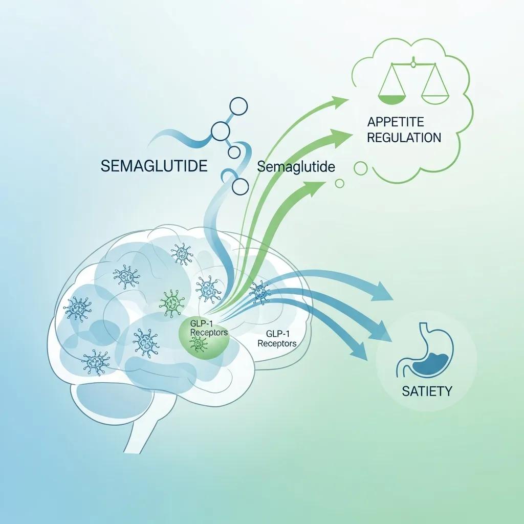 Diagram showing how Semaglutide influences appetite centers and slows gastric emptying