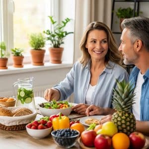 Couple enjoying a healthy meal, representing wellness and hormone balance
