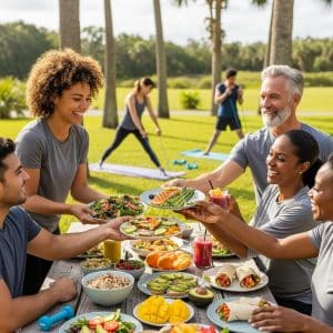 Diverse group enjoying healthy meals and activities in Florida, representing weight loss alternatives