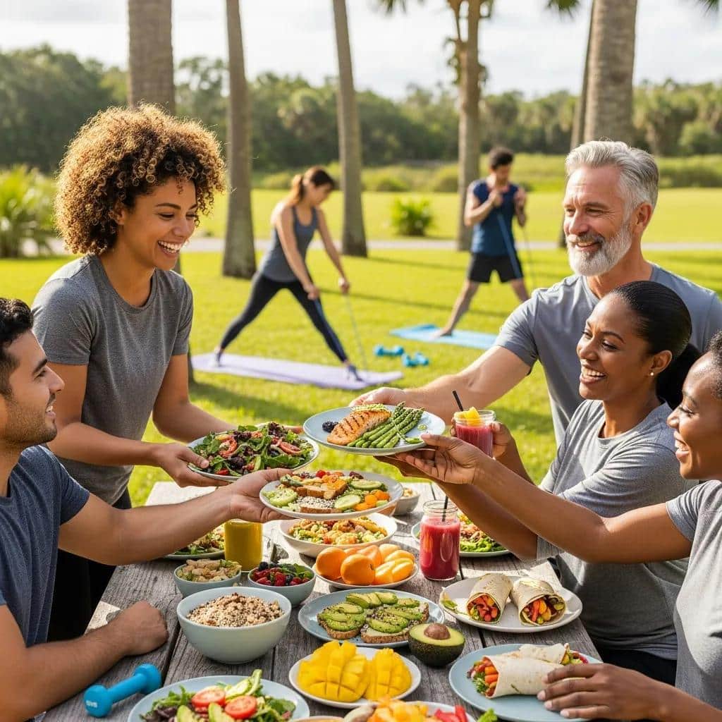 Diverse group enjoying healthy meals and activities in Florida, representing weight loss alternatives