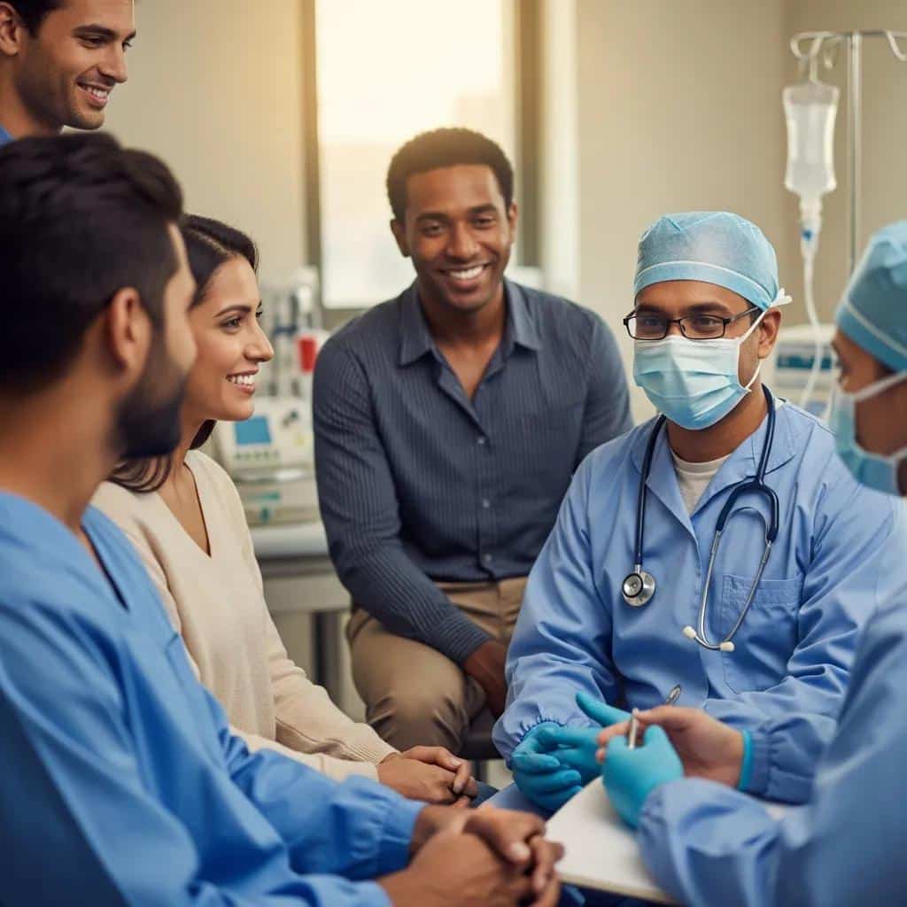 Diverse individuals consulting with a civil surgeon in a medical office for green card exam