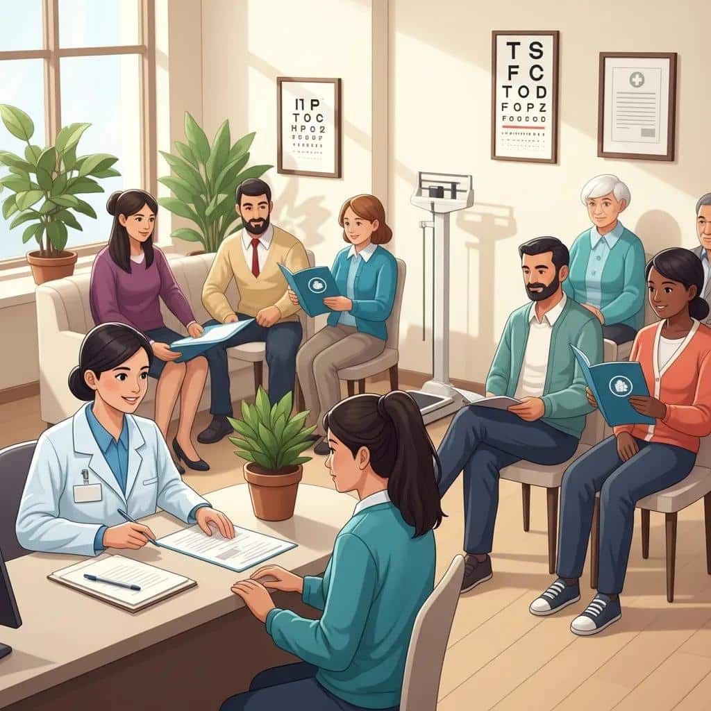 Diverse individuals consulting with a healthcare professional in a medical clinic for immigration exam