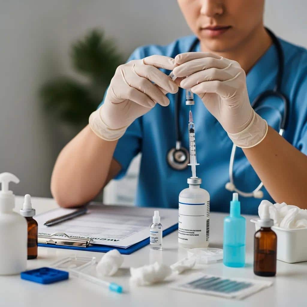 Nurse preparing a vaccine for an immigration medical exam at a clinic