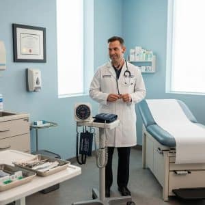 Medical examination room prepared for DOT physical exams, showcasing essential medical equipment