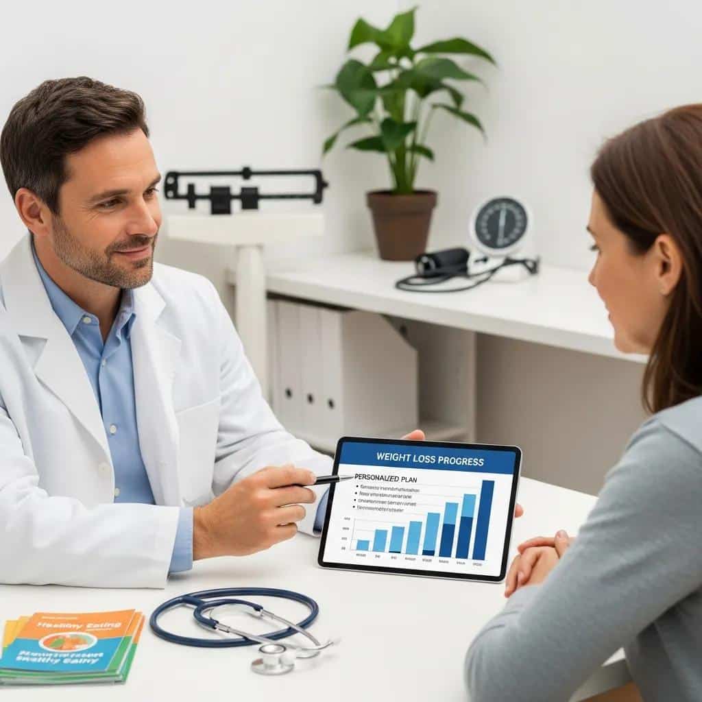 Physician reviewing a patient&rsquo;s health data and weight-loss plan during a consultation