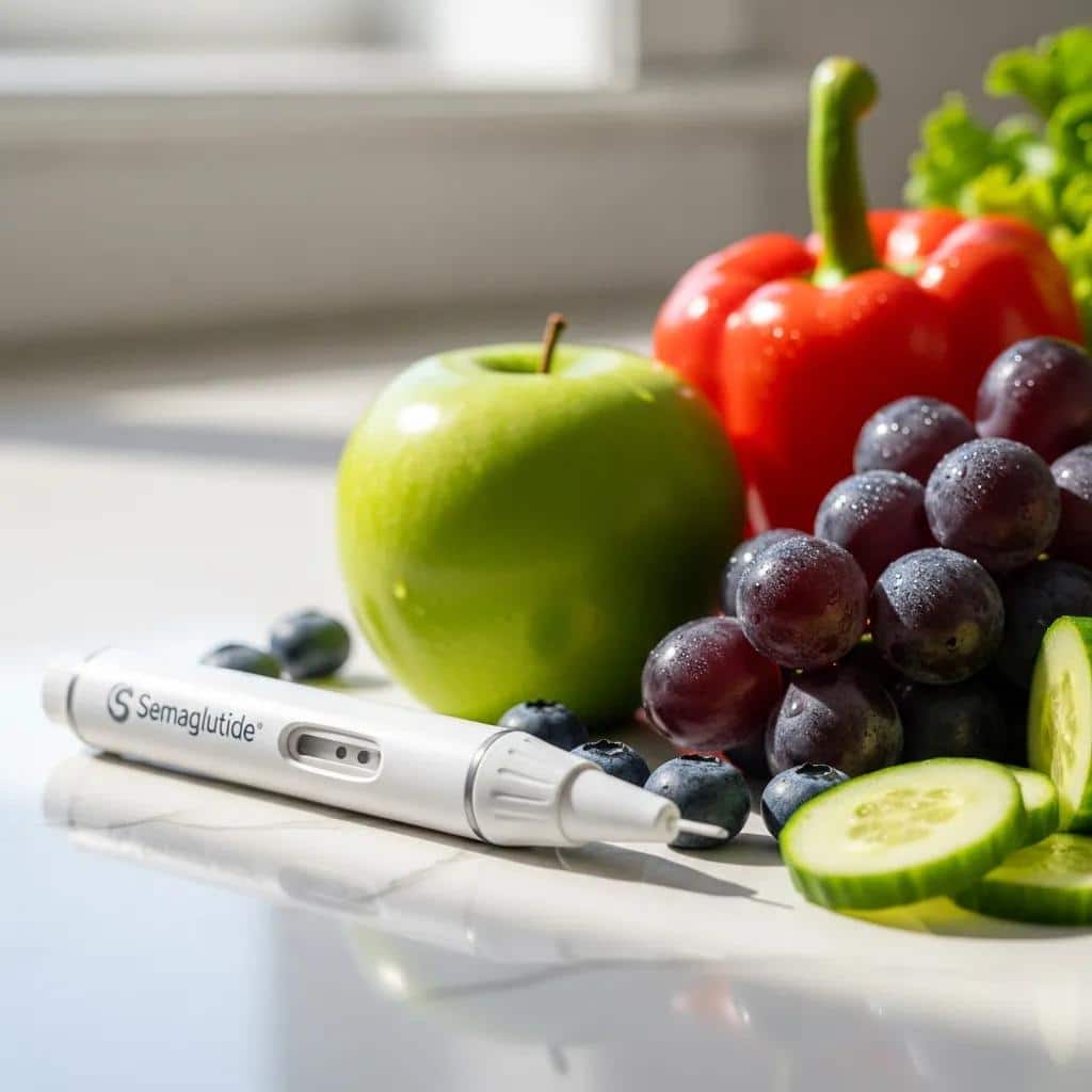 Semaglutide injection pen with fruits and vegetables