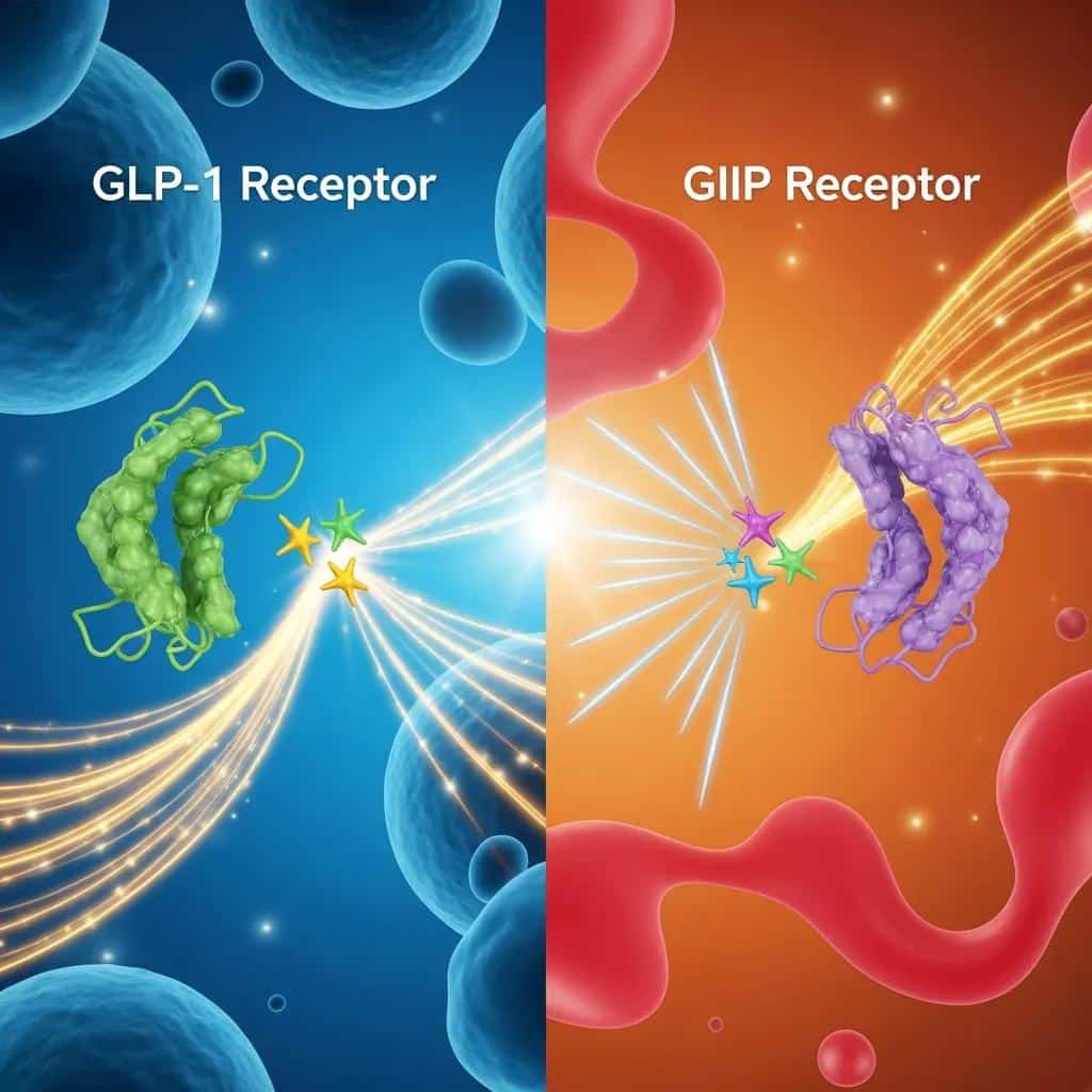 Graphic showing Tirzepatide acting on GLP-1 and GIP receptors to affect appetite and metabolism