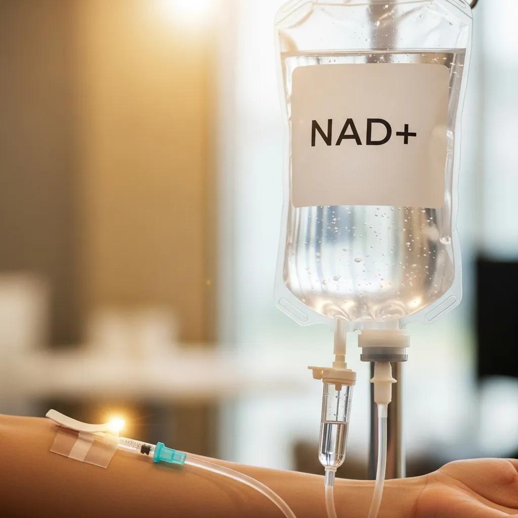 IV line and infusion bag for NAD+ therapy in a clinical treatment space