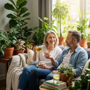 Couple discussing health and wellness in a serene setting, emphasizing bioidentical hormone therapy