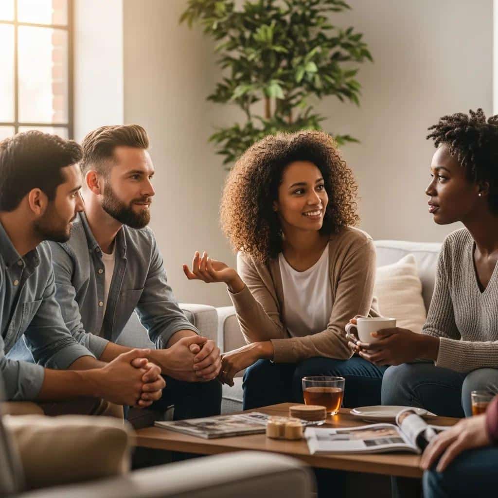 Diverse individuals discussing birth control options in a supportive environment