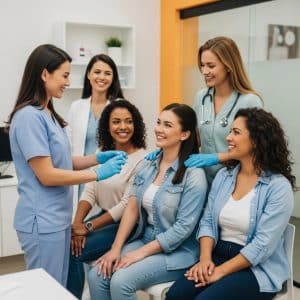 Diverse individuals receiving weight loss injections in a modern clinic, highlighting the benefits of semaglutide therapy