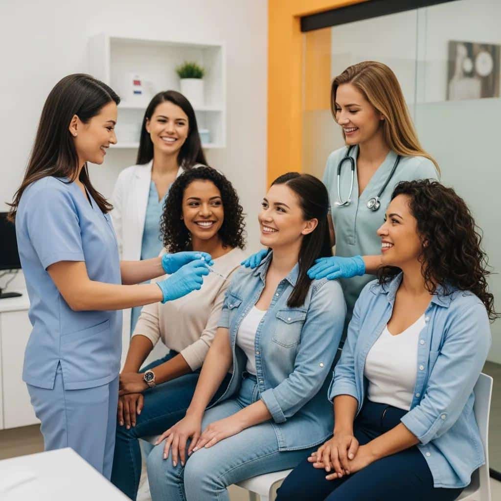 Diverse individuals receiving weight loss injections in a modern clinic, highlighting the benefits of semaglutide therapy