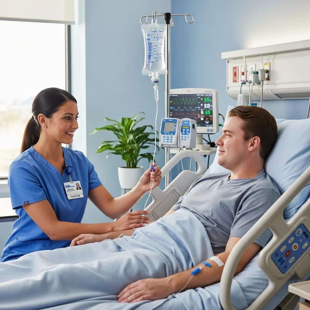 Clinician inserting an IV line to provide hydration and electrolytes to a relaxed patient