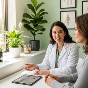 Healthcare professional consulting with a patient about hormone replacement therapy in a warm clinic setting