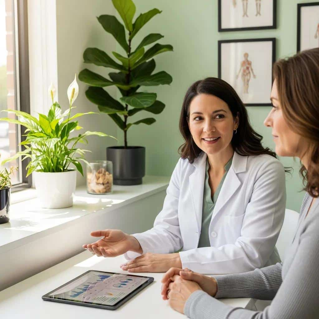 Healthcare professional consulting with a patient about hormone replacement therapy in a warm clinic setting