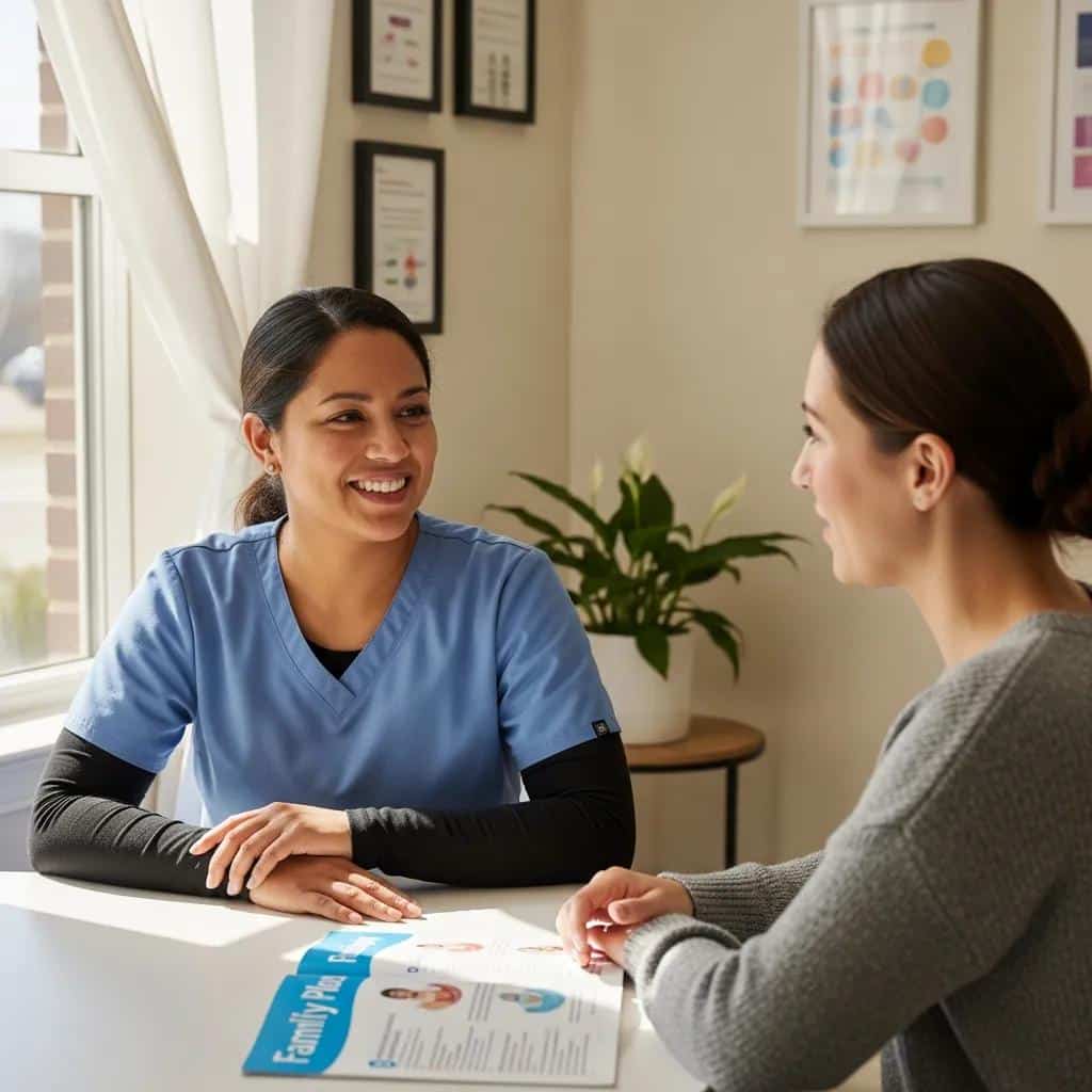 Clinician and patient reviewing family planning options together