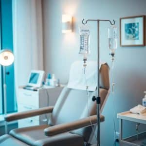 Modern IV therapy setup in a medical clinic with a comfortable treatment chair and IV drip