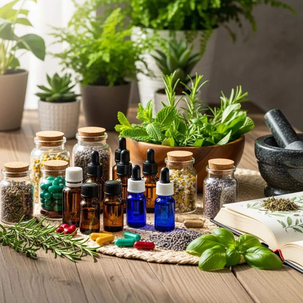 Natural supplements and herbal remedies representing alternatives to bioidentical hormone replacement therapy