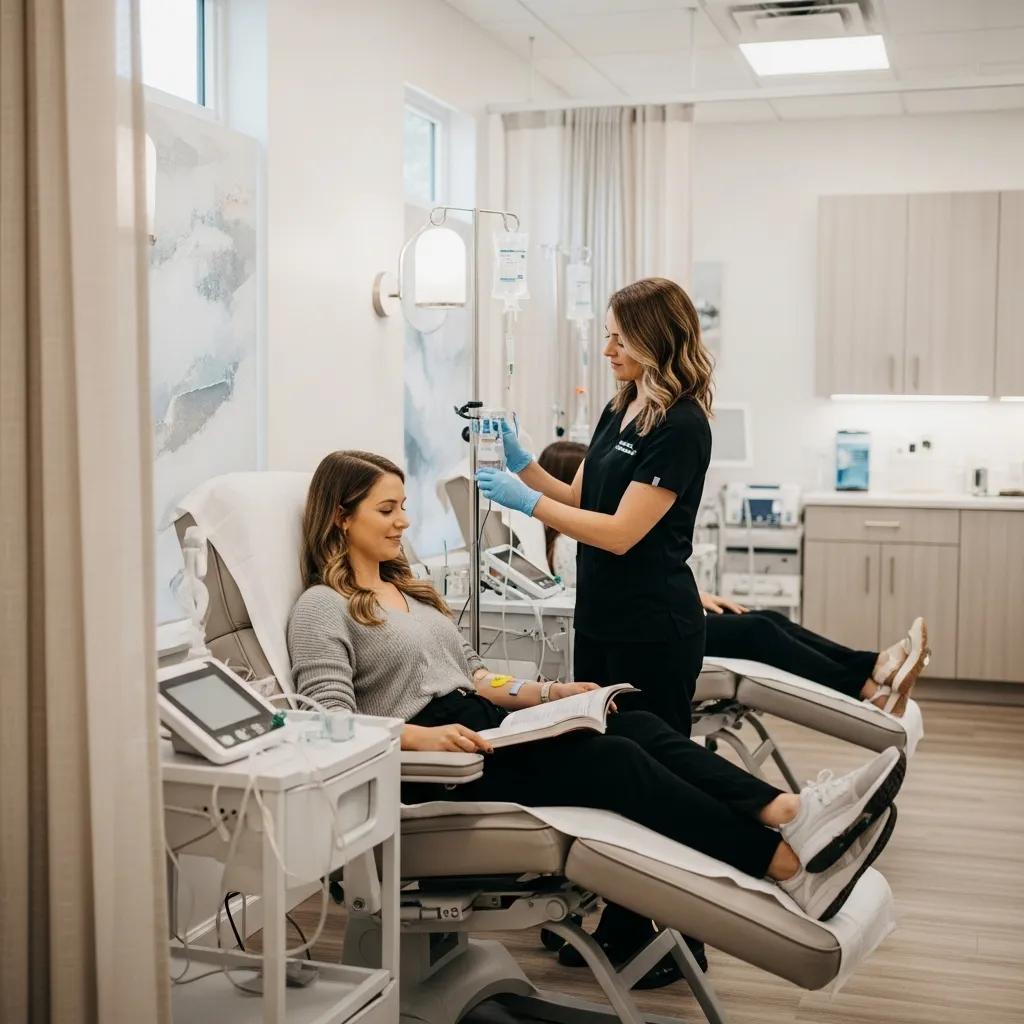 Patient receiving NAD+ IV therapy in a serene medical clinic environment